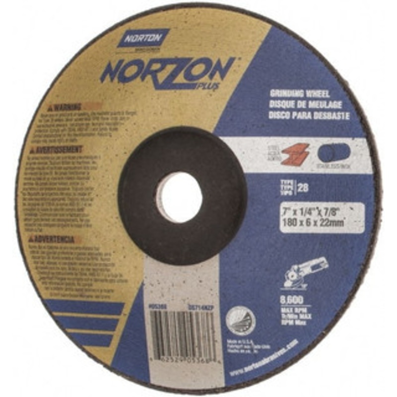 Norton 20 Grit, 7 Wheel Diam, 1/4 Wheel Thickness, 7/8 Arbor Hole, Type 28 Depressed Center Wheel Ceramic, S Hardness, 8,600 Max RPM, Compatible with Angle Grinder 66252905368 – 00850313