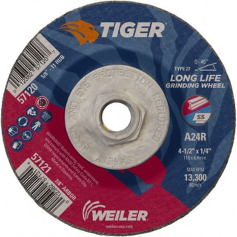 Weiler Abrasives 24 Grit, 4-1/2 Wheel Diam, 1/4 Wheel Thickness, Type 27 Depressed Center Wheel Coarse Grade, Aluminum Oxide, Resinoid Bond, R Hardness, 13,300 Max RPM 57120 – 52026929