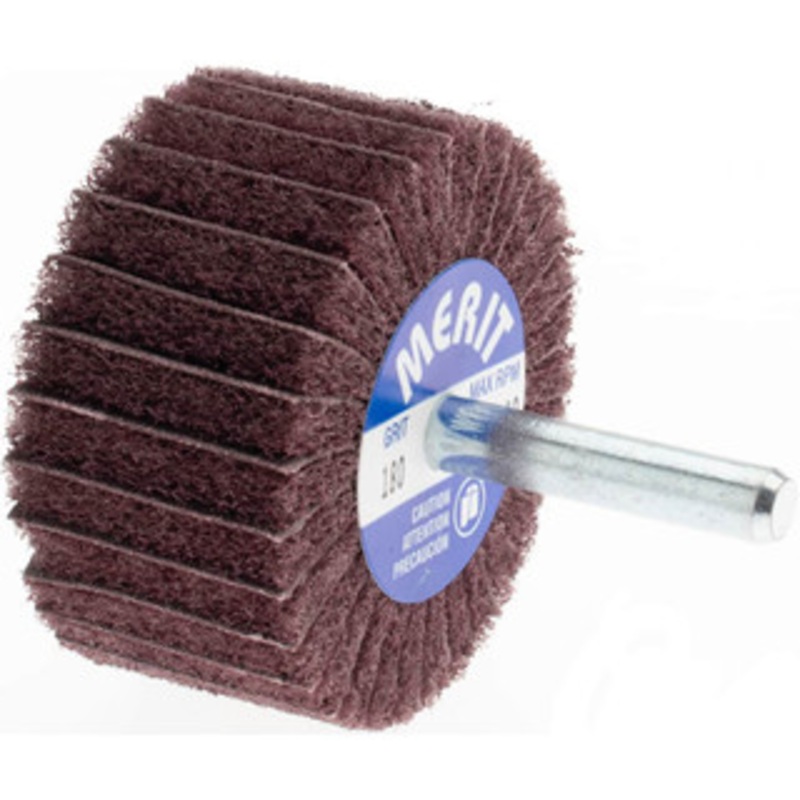 Merit Abrasives 2 Diam x 1 Face Width, Very Fine Aluminum Oxide Nonwoven & Coated Mounted Flap Wheel 1/4 Shank Mount, 180 Grit, Interleaf, X Weighted Cloth Backing, 12,000 Max RPM 08834144458 – 09609207