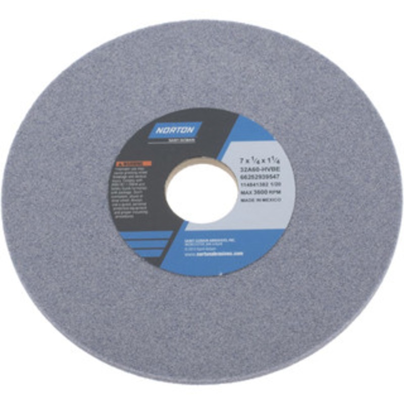 Norton 7 Diam x 1-1/4 Hole x 1/4 Thick, H Hardness, 60 Grit Surface Grinding Wheel Aluminum Oxide, Type 1, Medium Grade, 3,600 Max RPM, Vitrified Bond, No Recess 66252939547 – 05949672