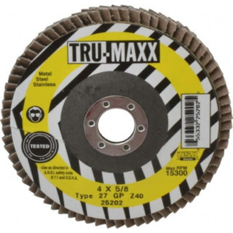 Tru-Maxx 4 40 Grit 5/8 Center Hole Type 27 Zirconia Alumina Flap Disc Coarse Grade, Coated, Arbor Attachment, 15,300 RPM 25202 – 86779048
