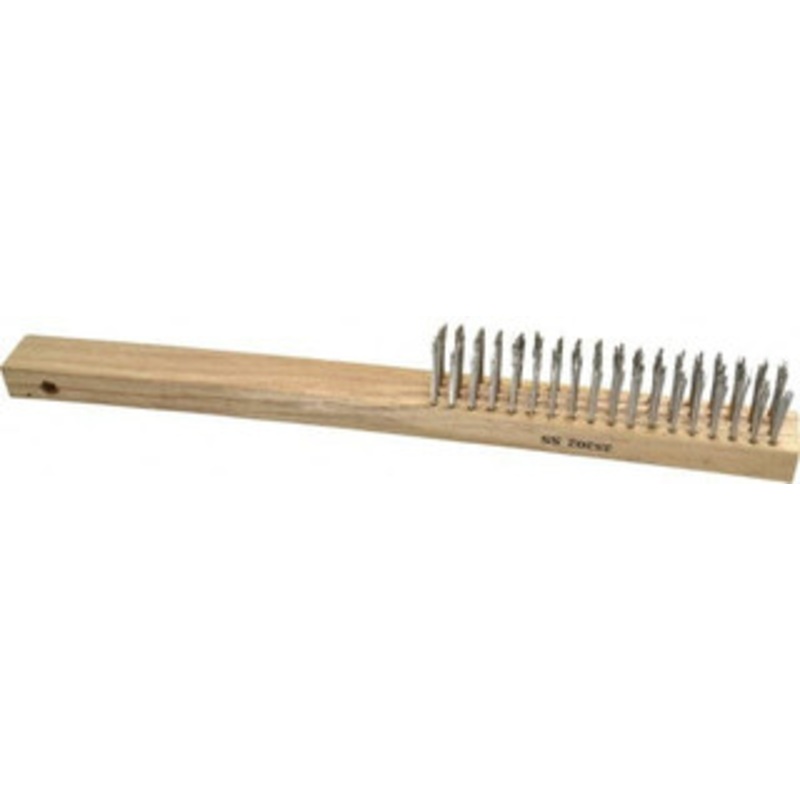 Weiler Abrasives 4 Rows x 18 Columns Curved Handle Stainless Steel Scratch Brush 6 Brush Length, 14 OAL, 1 Trim Length, Wood Curved Handle 98465 – 75851865