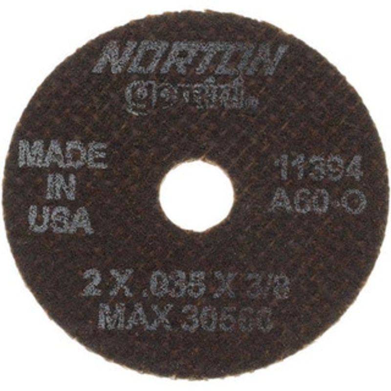 Norton 2 x 0.035, 3/8 Hole Aluminum Oxide Cutoff Wheel Reinforced, 30,560 Max RPM, Use with Die Grinders 66243411394 – 48465017