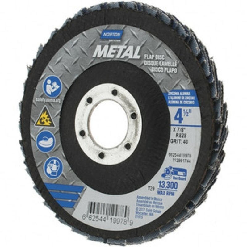 Norton 4-1/2 40 Grit 7/8 Center Hole Type 29 Zirconia Alumina Flap Disc Coarse Grade, Coated, Arbor Attachment, Fiberglass Backing, 13,300 RPM 66254419978 – 45451382