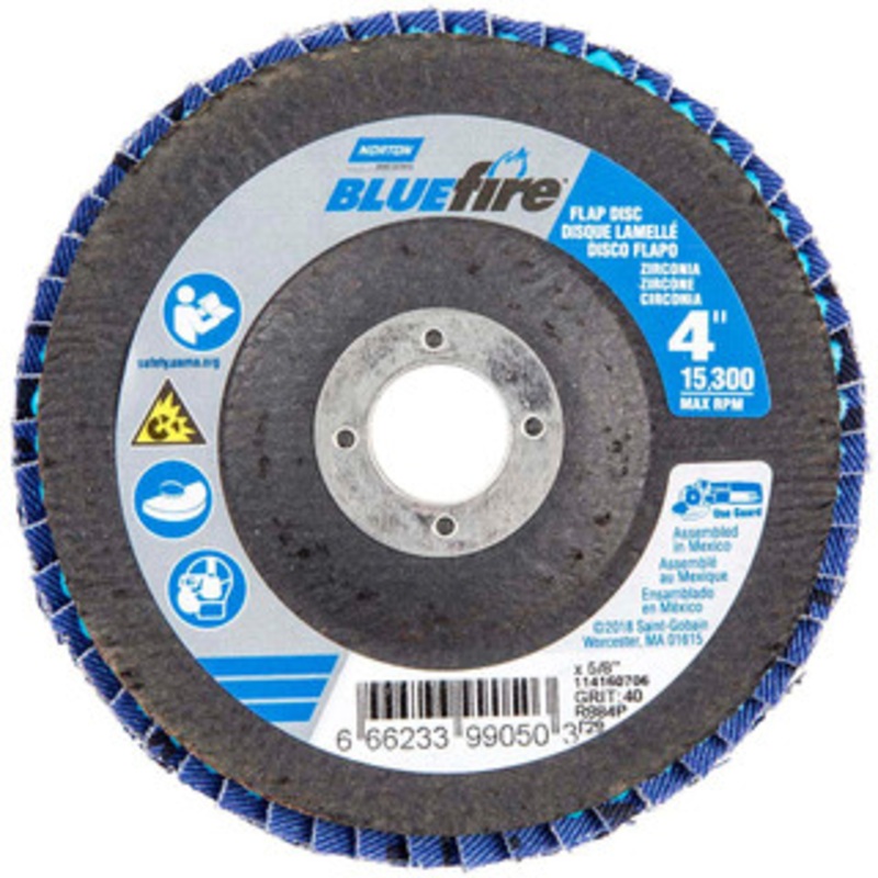Norton 4 40 Grit 5/8 Center Hole Type 29 Zirconia Alumina Flap Disc Coarse Grade, Coated, Arbor Attachment, Fiberglass Backing, 15,300 RPM 66623399050 – 41635970