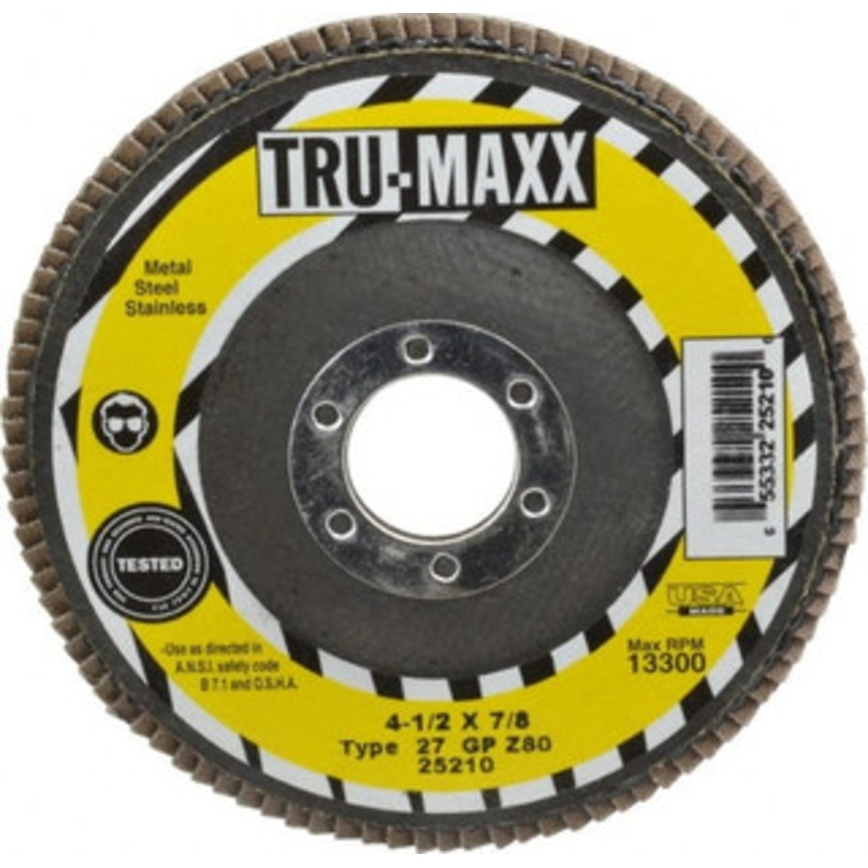 Tru-Maxx 4-1/2 80 Grit 7/8 Center Hole Type 27 Zirconia Alumina Flap Disc Medium Grade, Coated, Arbor Attachment, 13,300 RPM 25210 – 86779121