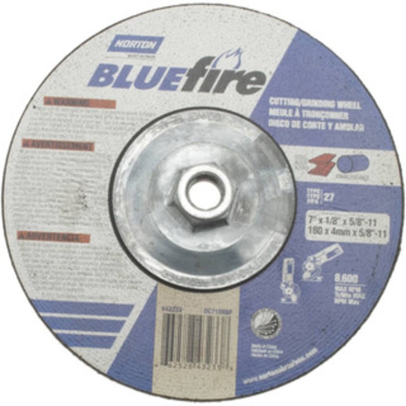 Norton 30 Grit, 7 Wheel Diam, 1/8 Wheel Thickness, Type 27 Depressed Center Wheel Zirconia Alumina, U Hardness, 8,600 Max RPM, Compatible with Angle Grinder 66252843233 – 59938183