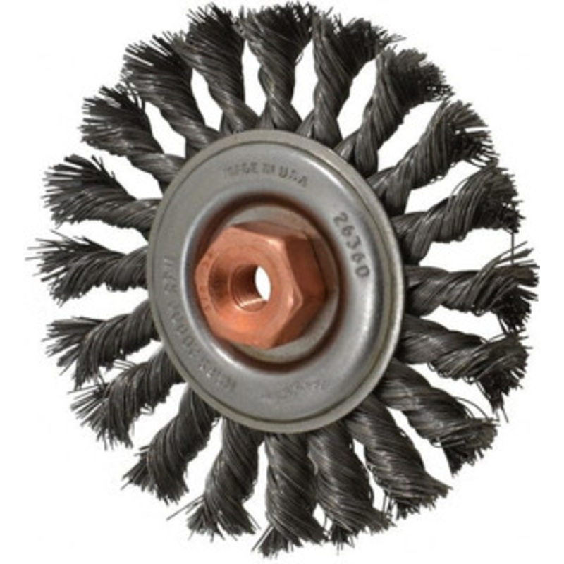 Osborn 4 OD, 3/8-24 Arbor Hole, Knotted Steel Wheel Brush 3/8 Face Width, 7/8 Trim Length, 0.014 Filament Diam, 20,000 RPM 0002670300 – 06082598