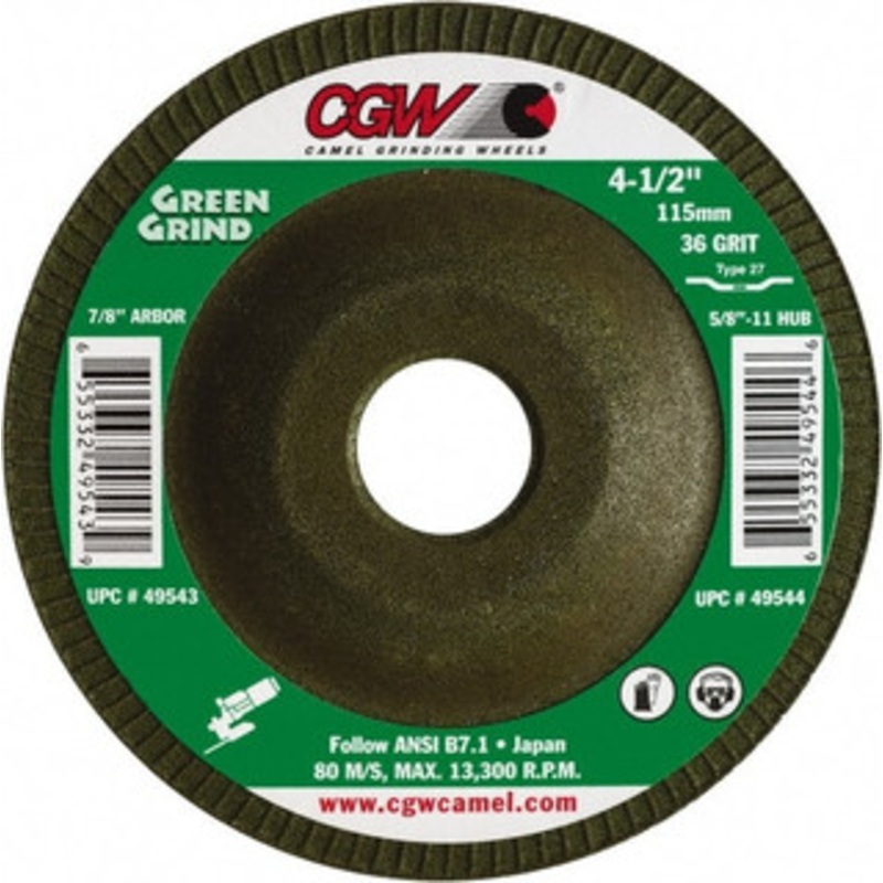 CGW Abrasives 36 Grit, 4-1/2 Wheel Diam, 5/32 Wheel Thickness, 7/8 Arbor Hole, Type 27 Depressed Center Wheel Medium Grade, Zirconia Alumina, Resinoid Bond, 13,300 Max RPM 49543 – 32674699