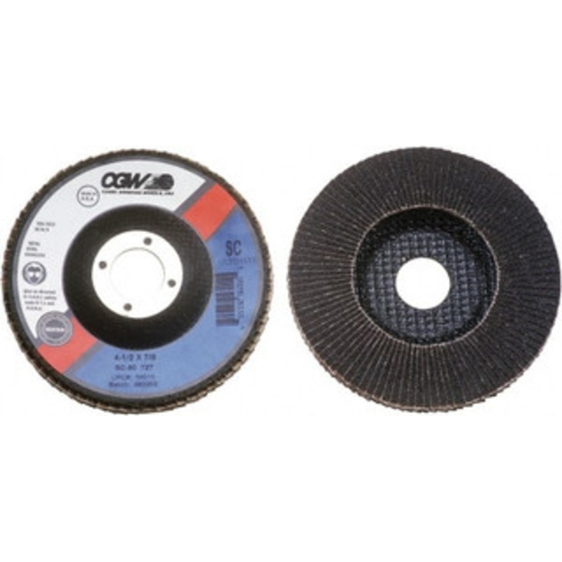 CGW Abrasives 4-1/2 240 Grit 7/8 Center Hole Type 27 Silicon Carbide Flap Disc Very Fine Grade, Coated, Arbor Attachment, Polyester Backing, 13,300 RPM 56017 – 52094513