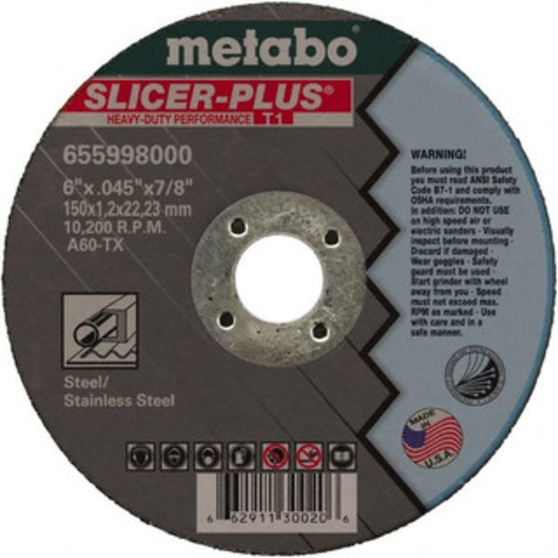Metabo 6 x 0.045, 7/8 Hole 60 Grit Aluminum Oxide Cutoff Wheel Medium Grade, 10,185 Max RPM, Use with Angle Grinders 655998000 – 06330153