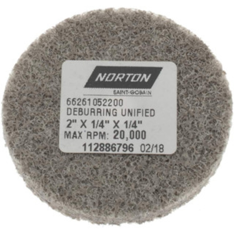 Norton 2 Diam, 1/4 Face Width, 1/4 Center Hole, Very Fine Grade, Aluminum Oxide Deburring Wheel Unitized, Medium Grade, 20,000 RPM 66261052200 – 05009626