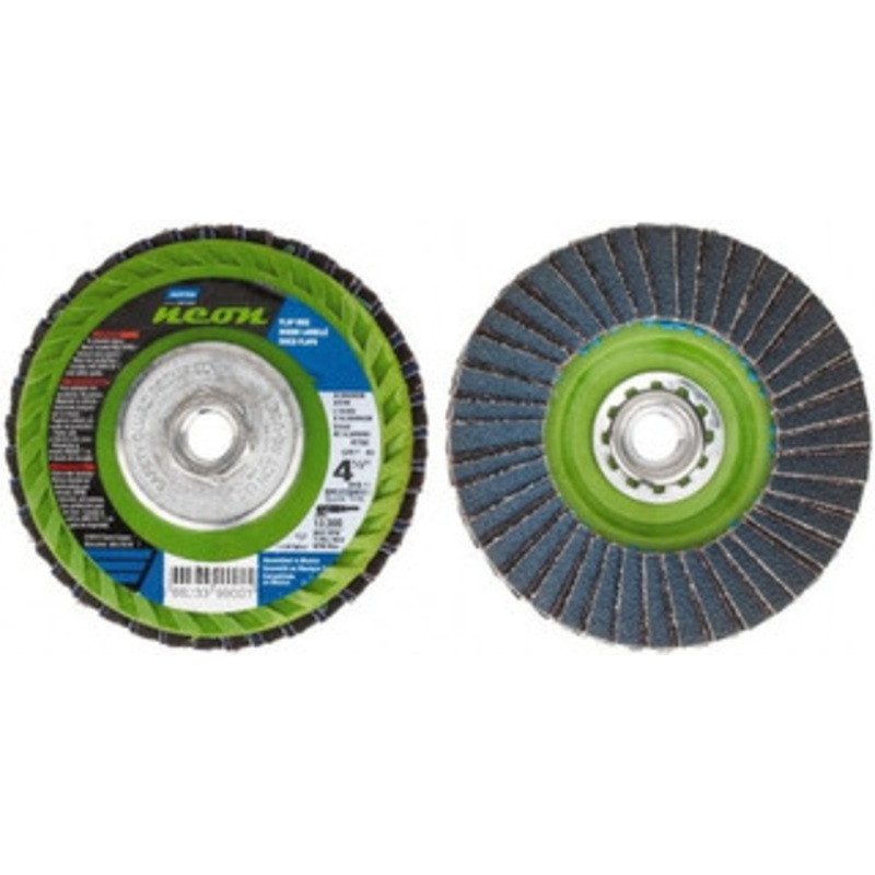 Norton 4-1/2 120 Grit 7/8 Center Hole Type 29 Ceramic Alumina Flap Disc Fine Grade, Coated, Arbor Attachment, Polyester Backing, 13,300 RPM 66623399175 – 30189617