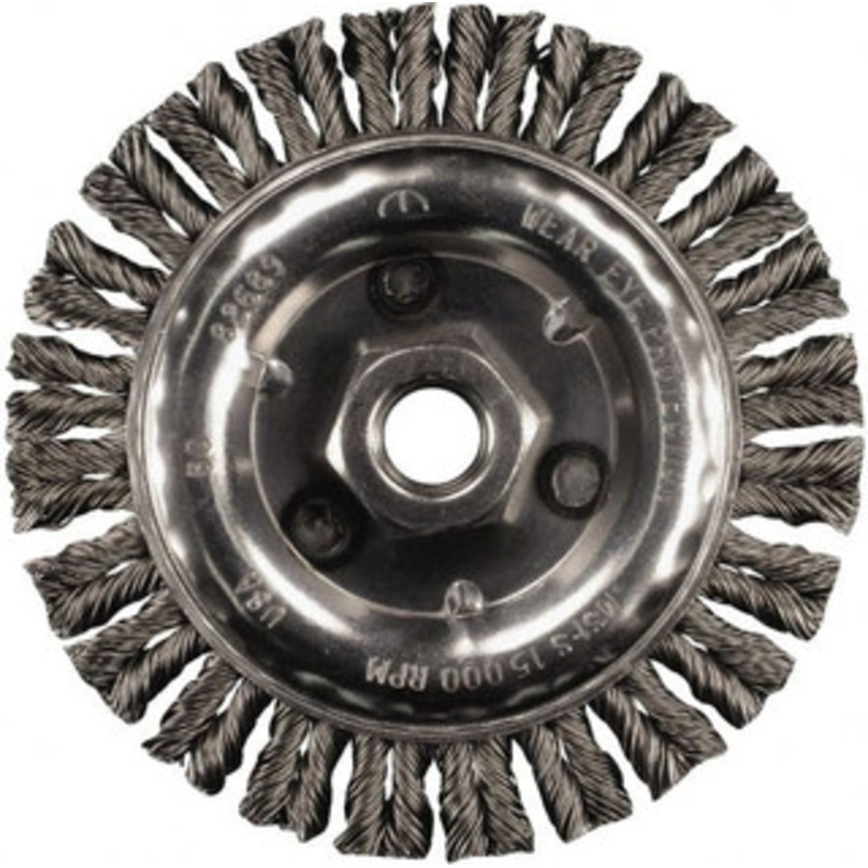 PFERD 4 OD, 5/8-11 Arbor Hole, Knotted Stainless Steel Wheel Brush 3/16 Face Width, 3/4 Trim Length, 0.02 Filament Diam, 20,000 RPM 82420 – 91831073
