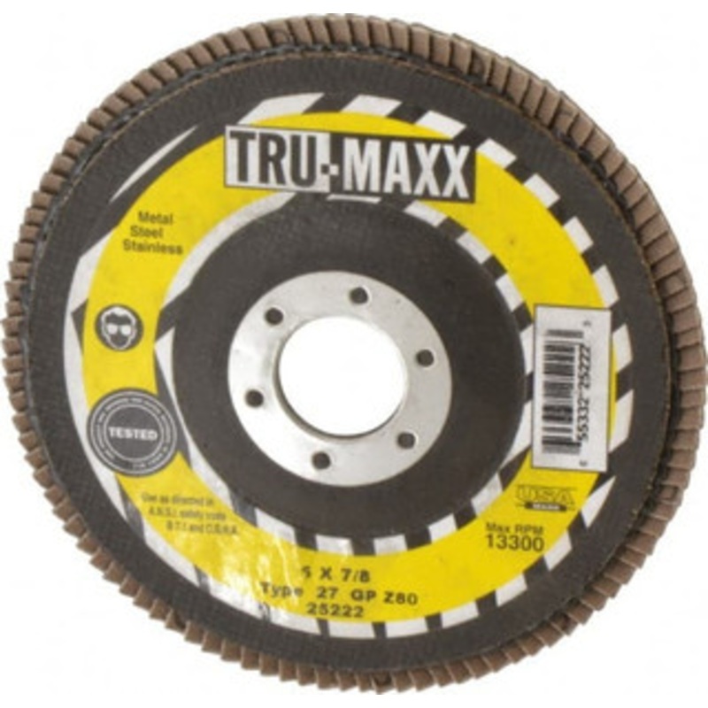 Tru-Maxx 5 80 Grit 7/8 Center Hole Type 27 Zirconia Alumina Flap Disc Medium Grade, Coated, Arbor Attachment, 12,200 RPM 25222 – 86779246