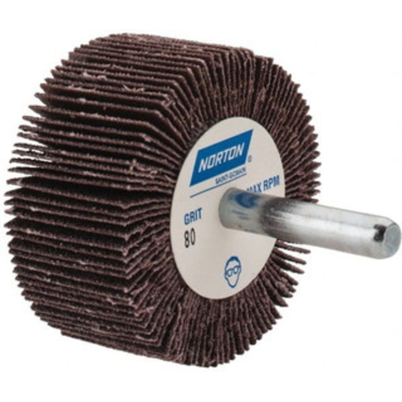 Norton 2 Diam x 1 Face Width, Medium Aluminum Oxide Coated Mounted Flap Wheel 1/4 Shank Mount, 80 Grit, Cloth Backing, 23,000 Max RPM 63642502601 – 01554229