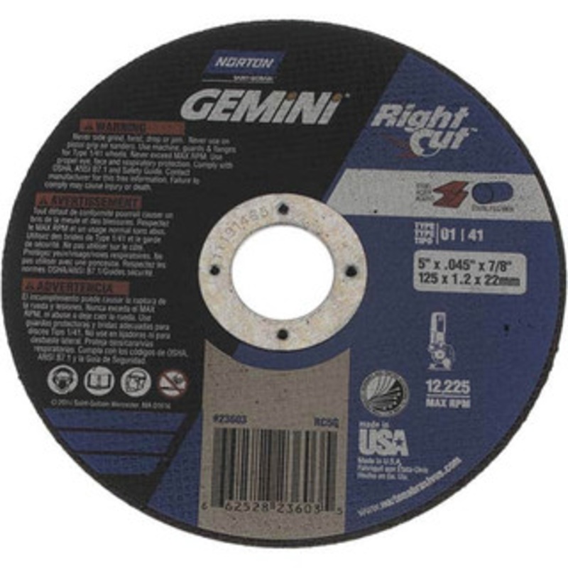 Norton 5 x 0.045, 7/8 Hole Aluminum Oxide Cutoff Wheel Reinforced, 12,225 Max RPM, Use with Angle Grinders 66252823603 – 06408348