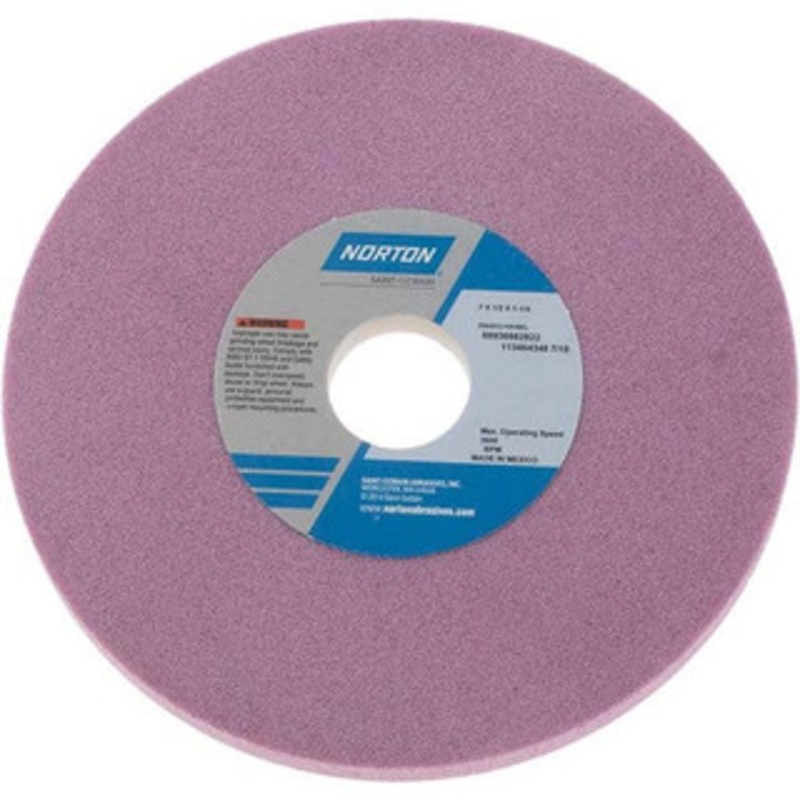 Norton 7 Diam x 1-1/4 Hole x 1/2 Thick, K Hardness, 60 Grit Surface Grinding Wheel Aluminum Oxide, Type 1, Medium Grade, 3,600 Max RPM, Vitrified Bond, No Recess 69936662922 – 01363712