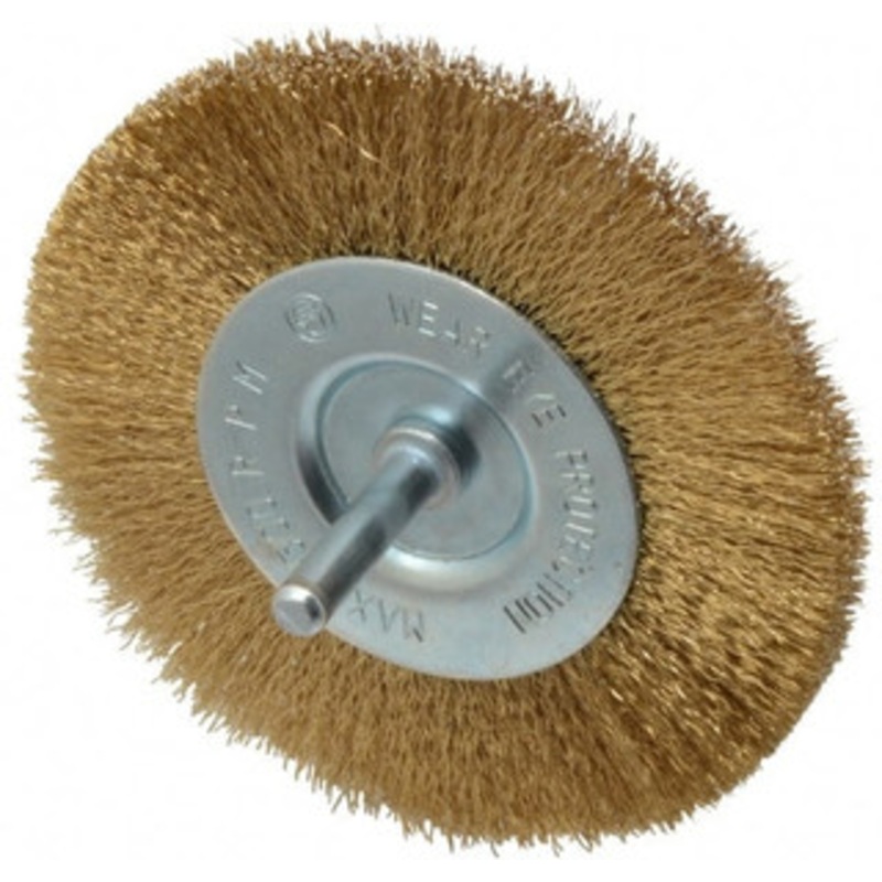 Value Collection 4 OD, 1/4 Shank Diam, Crimped Brass-Coated Steel Wheel Brush 15/32 Face Width, 7/8 Trim Length, 0.008 Filament Diam, 4,500 RPM S04065256 – 04065256
