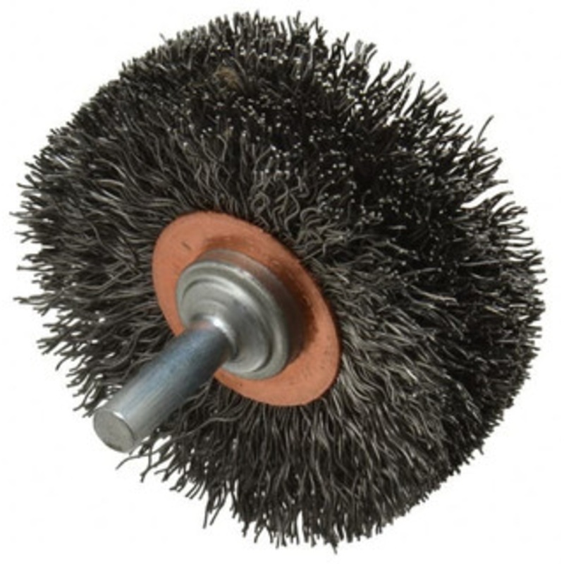 Weiler Abrasives 2-1/2 OD, 1/4 Shank Diam, Crimped Steel Wheel Brush 3/4 Face Width, 11/16 Trim Length, 0.014 Filament Diam, 20,000 RPM 17620 – 75849943