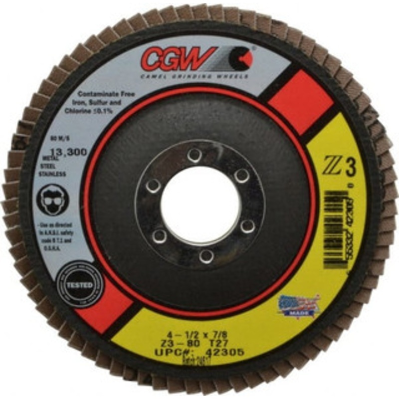 CGW Abrasives 4-1/2 80 Grit 7/8 Center Hole Type 27 Zirconia Alumina Flap Disc Medium Grade, Coated, Arbor Attachment, Poly Cotton Backing, 13,300 RPM 42305 – 60870839
