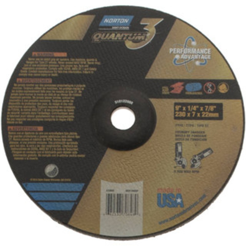 Norton 9 Wheel Diam, 1/4 Wheel Thickness, 7/8 Arbor Hole, Type 27 Depressed Center Wheel Coarse Grade, Ceramic, Resinoid Bond 66253370848 – 44372001