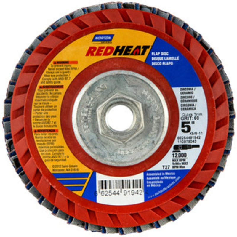 Norton 5 36 Grit 5/8-11 Center Hole Type 27 Ceramic Alumina Flap Disc Coarse Grade, Coated, Arbor Attachment, Plastic Backing, 12,000 RPM 66623399165 – 36044295