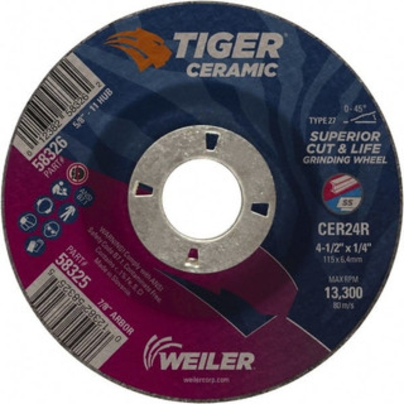Weiler Abrasives 24 Grit, 4-1/2 Wheel Diam, 7/8 Arbor Hole, Type 27 Depressed Center Wheel Medium Grade, Ceramic, R Hardness, 13,300 Max RPM 58325 – 32165649