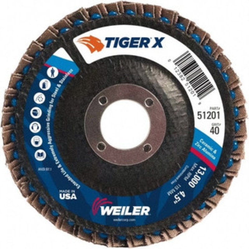 Weiler Abrasives 4-1/2 40 Grit 7/8 Center Hole Type 29 Zirconia Alumina Flap Disc Coarse Grade, Coated, Arbor Attachment, Phenolic Backing, 13,000 RPM 51201 – 46905881