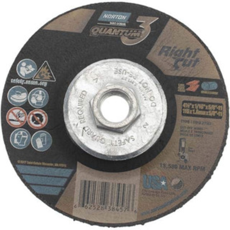 Norton 36 Grit, 4-1/2 Wheel Diam, 1/16 Wheel Thickness, Type 27 Depressed Center Wheel Coarse Grade, Ceramic Alumina, Resinoid Bond, 13,580 Max RPM 66252838457 – 11279080