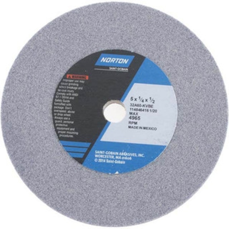 Norton 60 Grit Aluminum Oxide Type 1 Internal Grinding Wheel 5 Diam x 1/2 Hole x 1/4 Thick, 4965 Max RPM, Type 1 Medium Grade, K Hardness, Vitrified Bond, No Recess 66252830572 – 94501764
