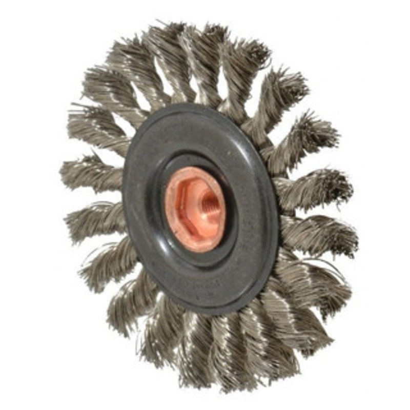Osborn 4 OD, 3/8-24 Arbor Hole, Knotted Stainless Steel Wheel Brush 3/8 Face Width, 7/8 Trim Length, 0.014 Filament Diam, 20,000 RPM 0002671500 – 06082713