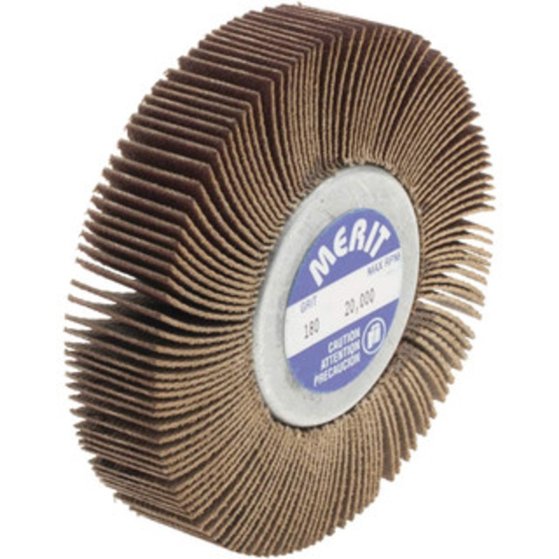 Merit Abrasives 2-1/2 Diam x 1/2 Face Width, Very Fine Aluminum Oxide Coated Mounted Flap Wheel 1/4-20 Threaded Mount, 180 Grit, Cloth Backing, 20,000 Max RPM 08834134018 – 72372337