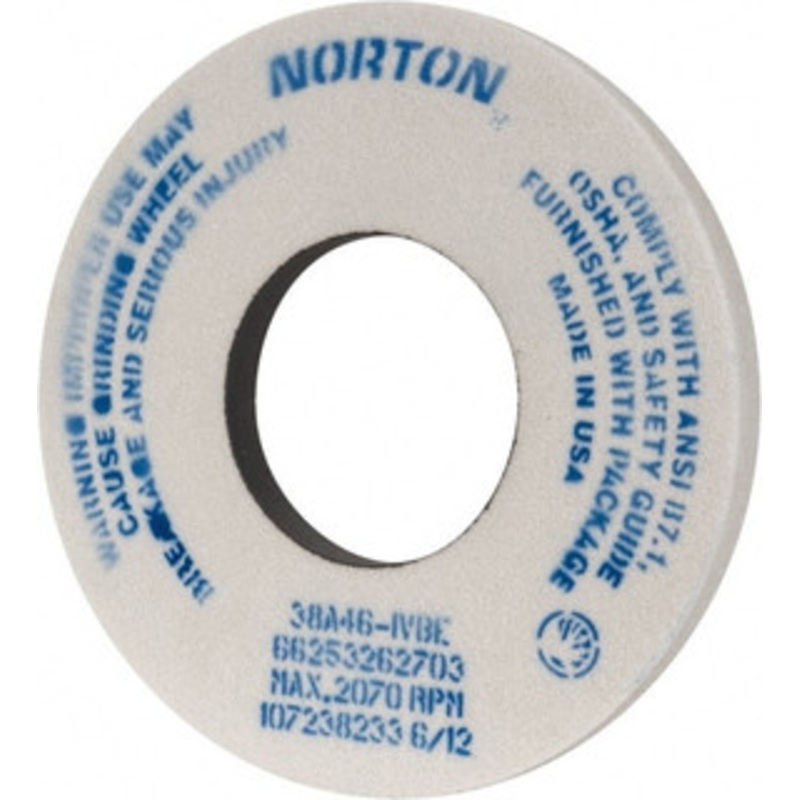 Norton 12 Diam x 5 Hole x 1 Thick, I Hardness, 46 Grit Surface Grinding Wheel Aluminum Oxide, Type 1, Coarse Grade, 2,070 Max RPM, Vitrified Bond, No Recess 66253262703 – 05989702