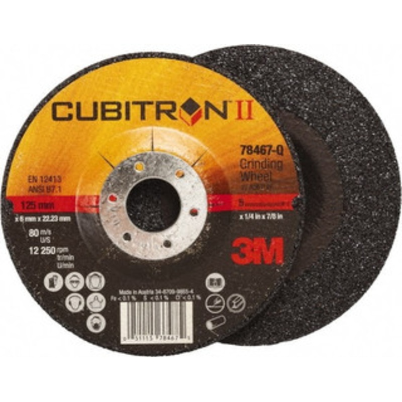 3M 36 Grit, 5 Wheel Diam, 1/4 Wheel Thickness, 7/8 Arbor Hole, Type 27 Depressed Center Wheel Coarse Grade, Ceramic, Resinoid Bond, Q Hardness, 12,250 Max RPM, Compatible with Angle Grinder 7100095557 – 35191303