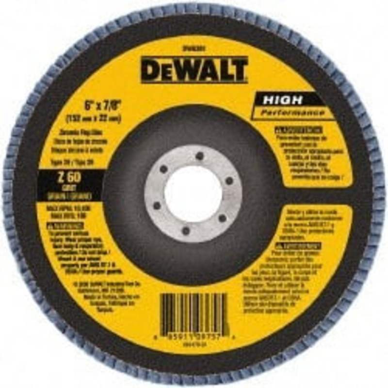 DeWALT 6 60 Grit 7/8 Center Hole Type 29 Zirconia Alumina Flap Disc Medium Grade, Coated, Arbor Attachment, Poly Cotton Backing, 10,100 RPM DW8381 – 60712494