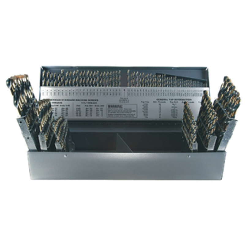 DRILLCO H.S.S. Jobbers Length 115 Piece Drill Set, 1/16 to 1/2 by 64ths, #1 to #60, A to Z Size Range, Metal Index Case – 400N0115