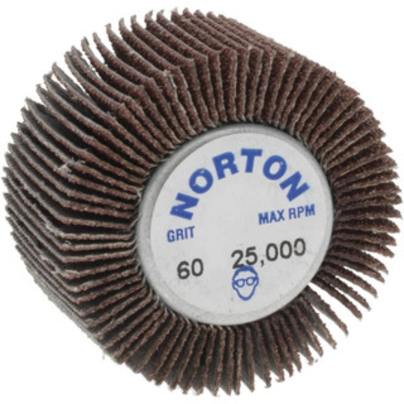 Norton 1-5/8 Diam x 1 Face Width, Medium Aluminum Oxide Coated Mounted Flap Wheel 1/4-20 Threaded Mount, 60 Grit, Cloth Backing, 23,000 Max RPM 63642502638 – 05098223