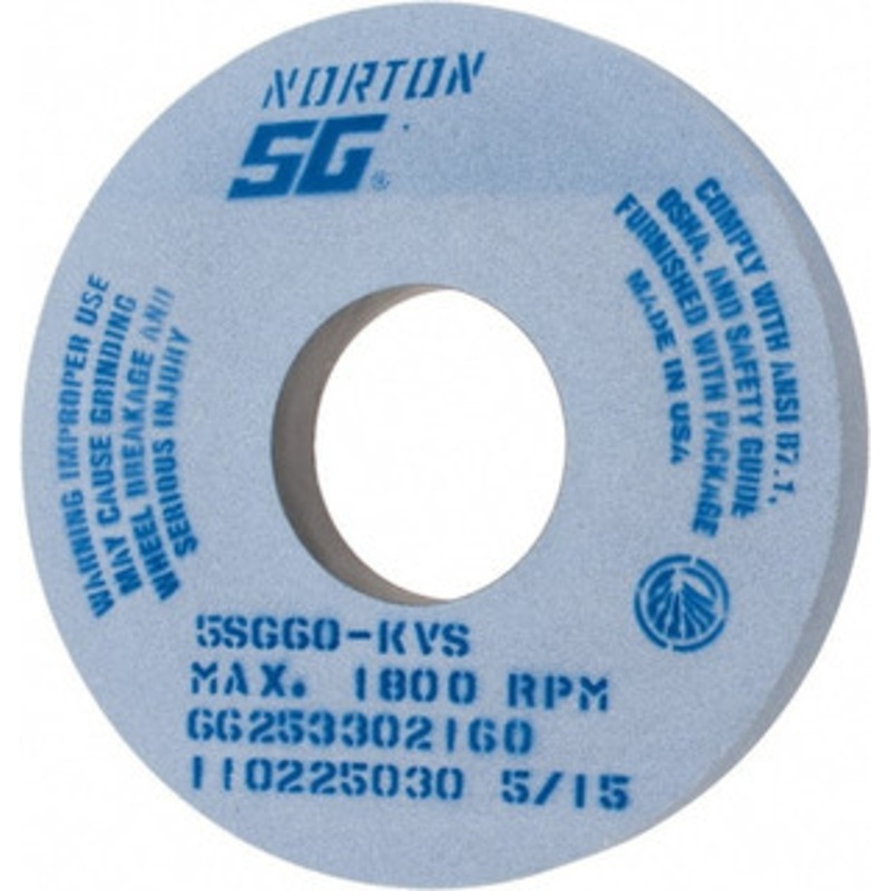 Norton 14 Diam x 5 Hole x 1-1/2 Thick, K Hardness, 60 Grit Surface Grinding Wheel Ceramic, Type 1, Medium Grade, 1,800 Max RPM, Vitrified Bond, No Recess 66253302160 – 00391185
