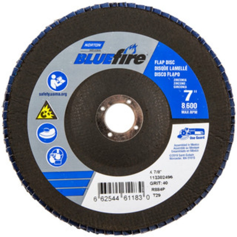 Norton 7 40 Grit 7/8 Center Hole Type 29 Zirconia Alumina Flap Disc Coarse Grade, Coated, Arbor Attachment, Cloth Backing, 8,600 RPM 66254461183 – 30189260