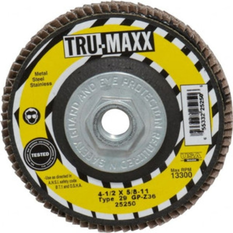 Tru-Maxx 4-1/2 36 Grit 5/8-11 Center Hole Type 29 Zirconia Alumina Flap Disc Very Coarse Grade, Coated, Arbor Attachment, 13,300 RPM 25250 – 86779527