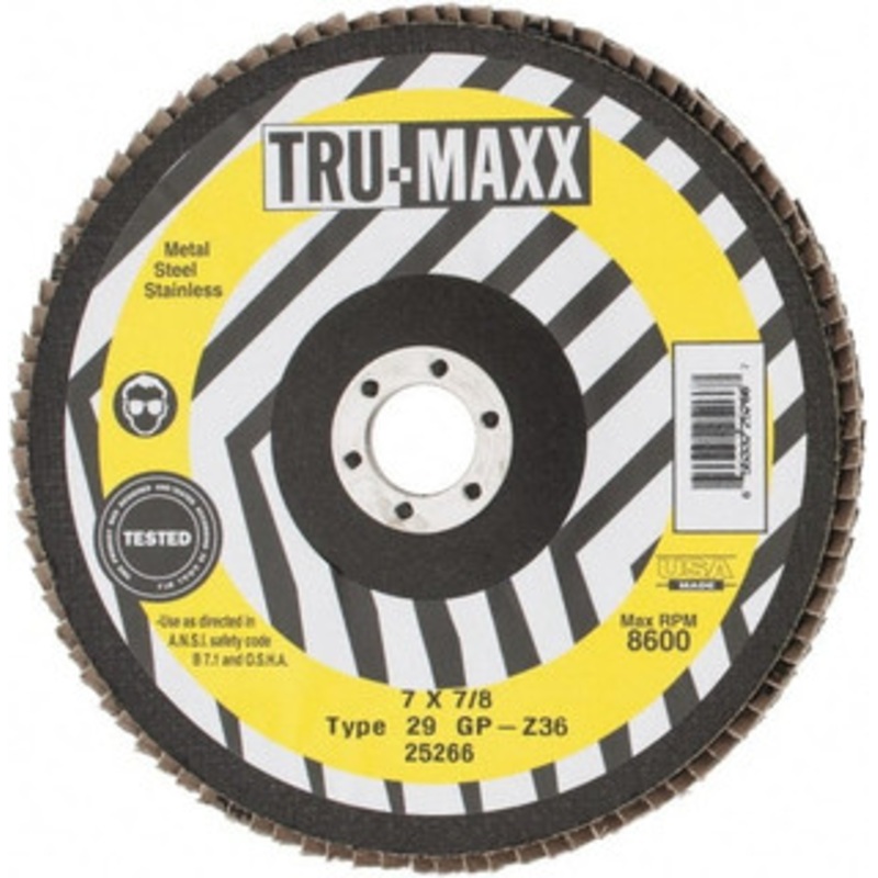 Tru-Maxx 7 36 Grit 7/8 Center Hole Type 29 Zirconia Alumina Flap Disc Very Coarse Grade, Coated, Arbor Attachment, 8,600 RPM 25266 – 86779691