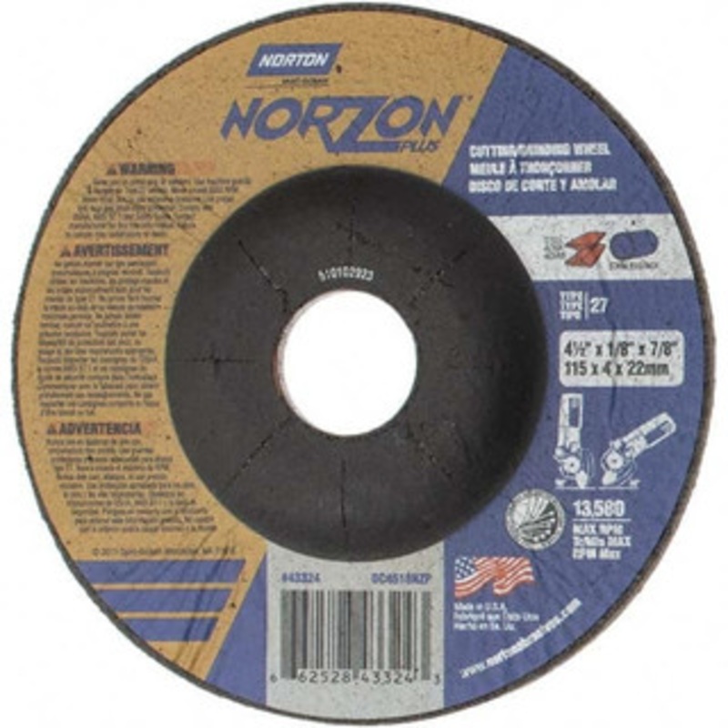 Value Collection 24 Grit, 4-1/2 Wheel Diam, 1/8 Wheel Thickness, 7/8 Arbor Hole, Type 27 Depressed Center Wheel Ceramic, 13,580 Max RPM BD-N30444 – 43580562