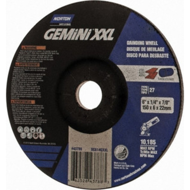 Norton 24 Grit, 6 Wheel Diam, 1/4 Wheel Thickness, 7/8 Arbor Hole, Type 27 Depressed Center Wheel Zirconia Alumina, 6,600 Max RPM 66252843788 – 92964337