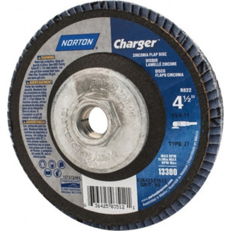 Norton 4-1/2 60 Grit 5/8-11 Center Hole Type 27 Zirconia Alumina Flap Disc Medium Grade, Coated, Arbor Attachment, Fiberglass Backing, 13,000 RPM 63642503512 – 57262214