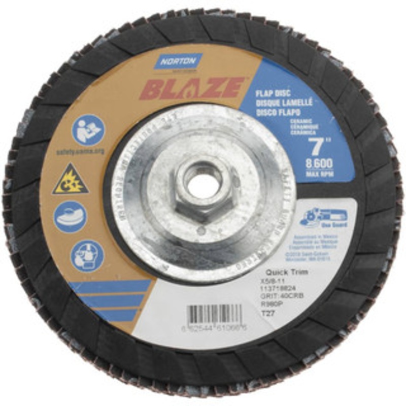 Norton 7 40 Grit 5/8-11 Center Hole Type 27 Ceramic Flap Disc Coarse Grade, Coated, Arbor Attachment, Plastic Backing 66254461066 – 42064709