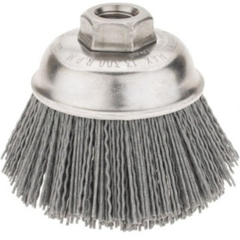Weiler Abrasives 3-1/2 Diam 5/8-11 Threaded Arbor Nylon Fill Cup Brush Crimped Wire, Silicon Carbide Abrasive, 0.035 Wire Diam, 12,000 Max RPM 14414 – 47028774