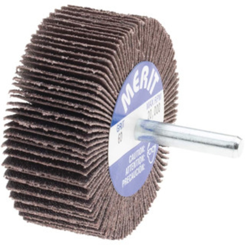 Merit Abrasives 2-1/2 Diam x 1 Face Width, Medium Ceramic Alumina Coated Mounted Flap Wheel 1/4 Shank Mount, 60 Grit, Cloth Backing, 20,000 Max RPM 08834137410 – 72373335