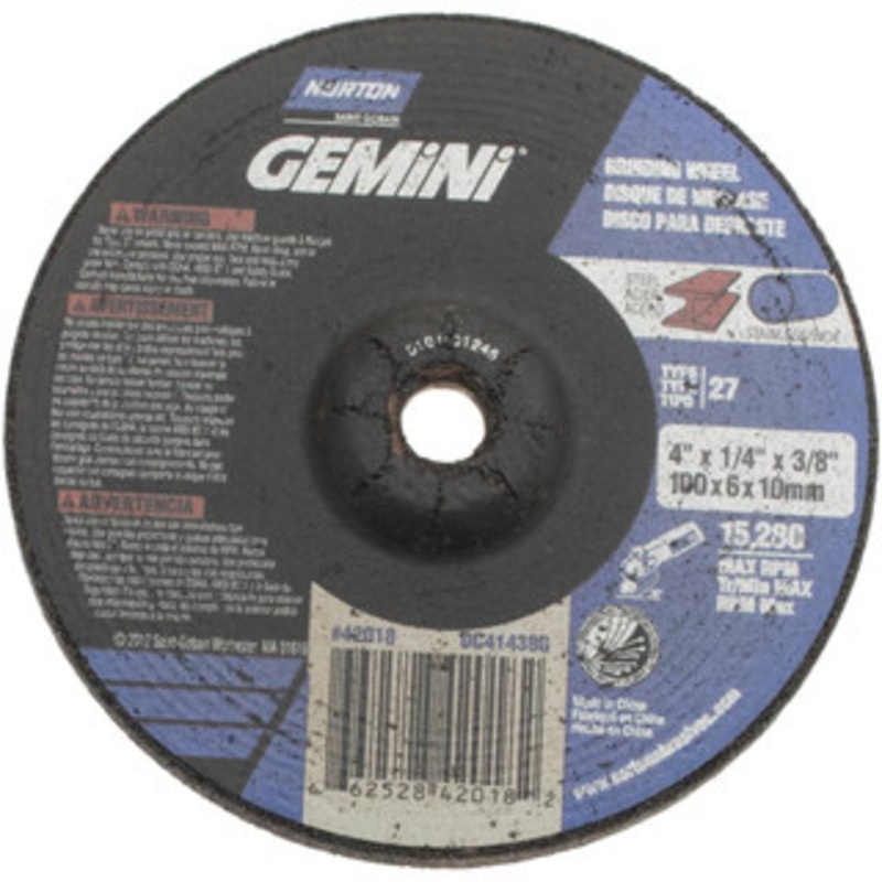 Norton 24 Grit, 4 Wheel Diam, 1/4 Wheel Thickness, 3/8 Arbor Hole, Type 27 Depressed Center Wheel Aluminum Oxide, 15,280 Max RPM 66252842018 – 58392861
