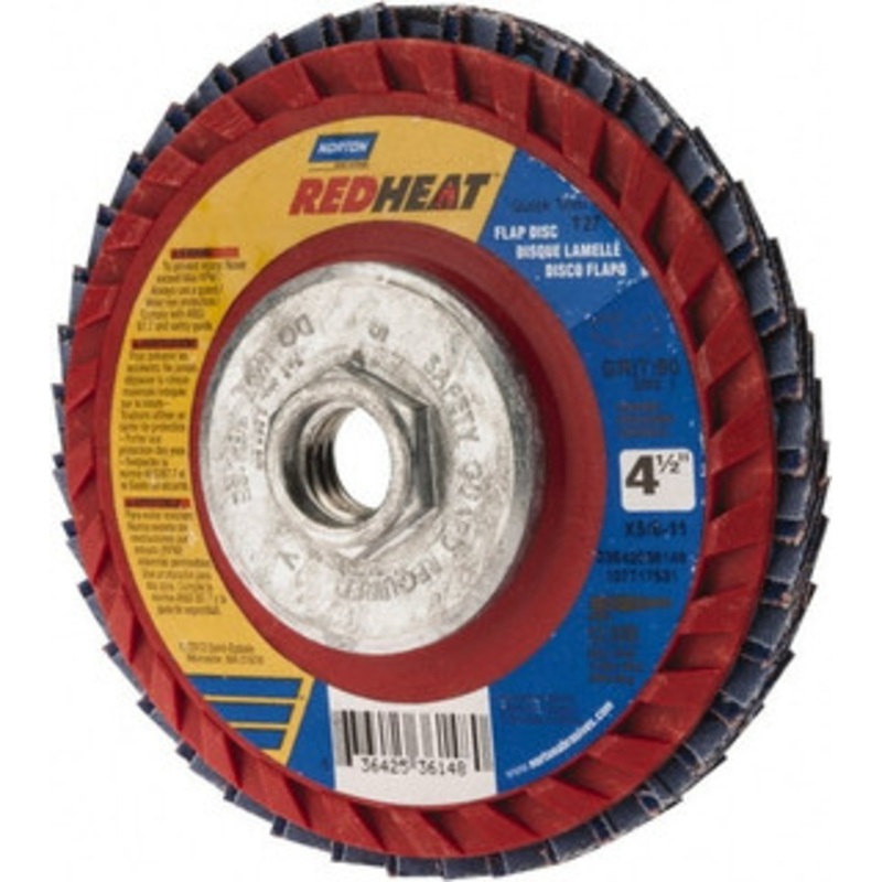 Norton 4-1/2 60 Grit 5/8-11 Center Hole Type 27 Ceramic Flap Disc Medium Grade, Coated, Arbor Attachment, Plastic Backing, 13,000 RPM 63642536148 – 09258195
